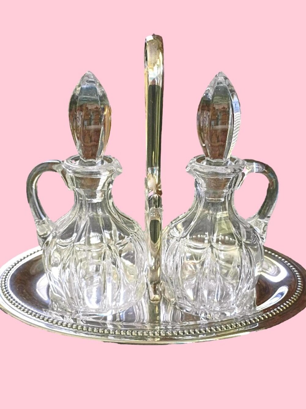 Antique French Crystal & Silver Plate Cruet Serving Set Pair